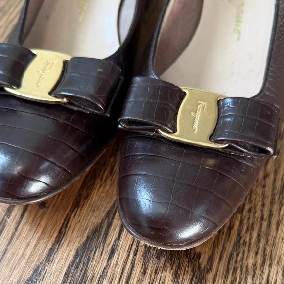 Salvatore Ferragamo Dark Brown Croc-Embossed Heels - Picture 5 of 15